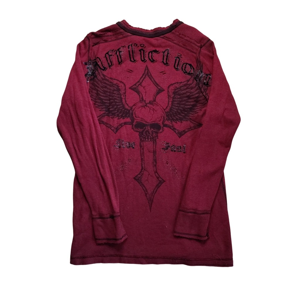 Affliction Reversible Thermal Shirt Mens Medium Red Black Skull Cross Grunge Y2K